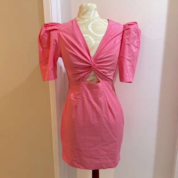 Mable Pink Twisted Front Cut Out Puff Short Sleeve Lined Midi Zip Up Dress S - Picture 1 of 15
